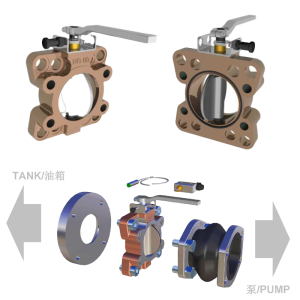 3D technical drawing of a hydraulic butterfly valve installation, compatible with SAE and DIN flange standards for industrial oil tanks and pump stations.