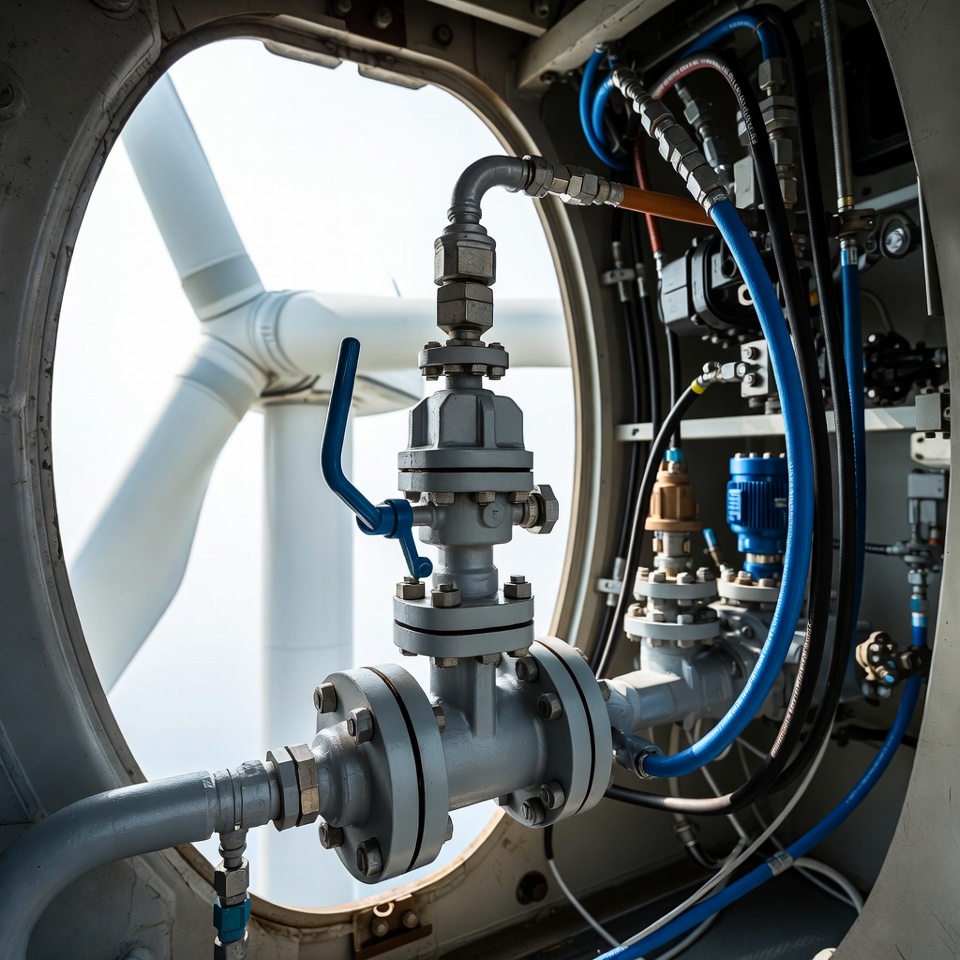 SAE flanged butterfly valve installed in a wind turbine nacelle hydraulic circuit for pitch and yaw control.