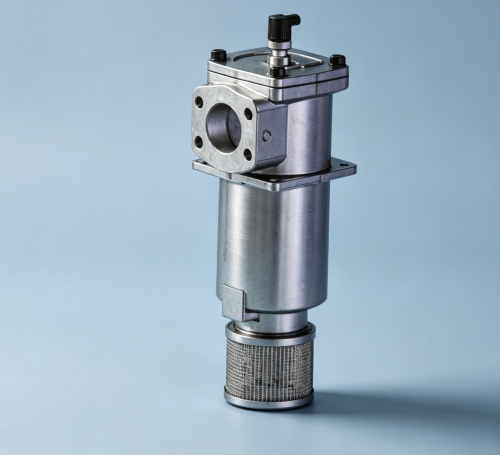 25RL series single-housing hydraulic return line filter, featuring port sizes from G1/2 threads to SAE DN100 and specifications from 30 to 1300 l/min.