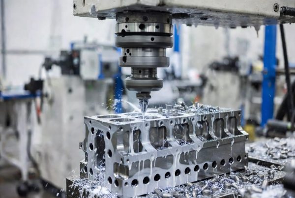Close-up of hydraulic manifold block machining process - CNC precision milling
