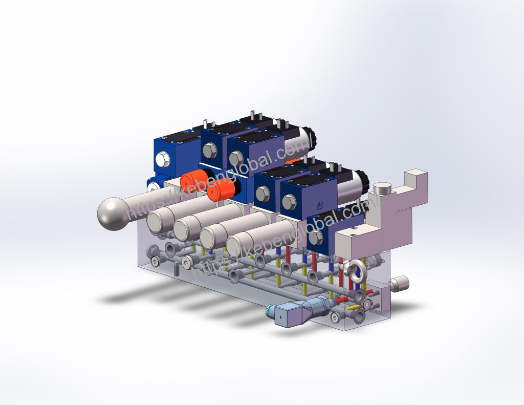 3D CAD design of a multi-station pilot control valve manifold for hydraulic pump test rigs, featuring integrated pressure relief and flow control.