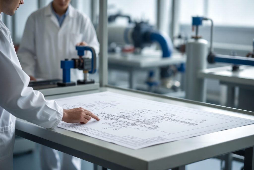 Hydraulic engineer analyzing technical blueprints in a workshop environment.