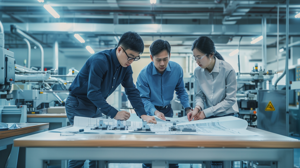 Engineering team inspecting heavy hydraulic systems in a demanding industrial environment.