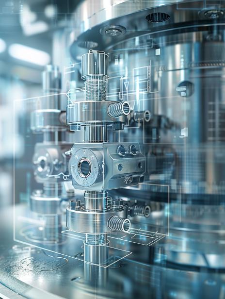 Abstract visualization of comprehensive hydraulic solutions: component sales, custom power unit design, and professional equipment maintenance.