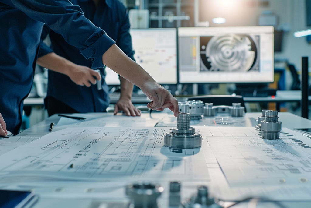 A team of Chinese hydraulic engineers collaborating on a complex technical drawing of a manifold block for custom design assessment.